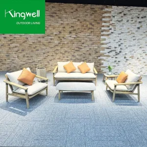 Modern Outdoor Teak Wood Rope Sofa Set with Coffee Table for Garden Lounge Living Room Dining or Courtyard Use