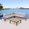 Modern Patio Lounge Corner Sofa Home Furniture Outdoor Garden L Shaped Plastic Wood Aluminum Conversation Set with Coffee Table