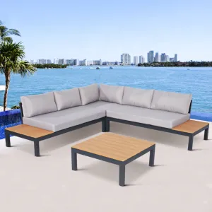 Modern Patio Lounge Corner Sofa Home Furniture Outdoor Garden L Shaped Plastic Wood Aluminum Conversation Set with Coffee Table