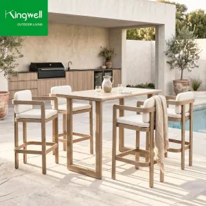 Modern Solid Teak Wood Aluminum Weather Resistant UV Resistant Restaurant Height Dining Bar Stools Set for Hotel Living Room