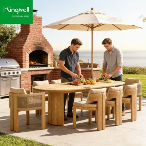 Modern Style Design Outdoor Dining Furniture Teak Wood Rope Weaving Garden Patio Table Sets Cushion for Park Use Weather