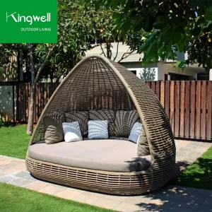 Modern Style Outdoor Aluminum Beach Sunbed Rattan Round Daybed with Canopy for Hotel Pool Side or Living Room