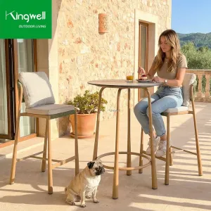 Modern Stylish Aluminum Metal Outdoor Dining Bar Furniture Set Teak Wood Table Water Resistant Commercial Use for Restaurants