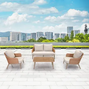 New Brown Garden Balcony Wicker Aluminum Conversation Loveseat Home Furniture Outdoor Patio 4 Piece Rattan Sofa Set on Sale