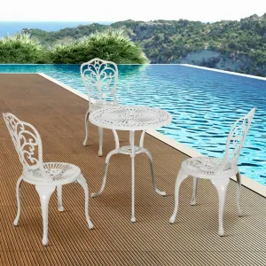 New White Garden Restaurant 4 Piece Dining Set Furniture Outdoor Patio Bistro Cafe Cast Aluminum Round Table and 3 Seater Chairs