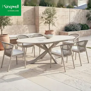 Outdoor 6-Seater Dining Set Aluminum Frame Outdoor Dining Furniture Table and Rope Chairs for Resort Restaurant Terrace Areas