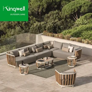 Patio Teak Solid Wood L-Shaped Sofa Set Outdoor Garden Park Aluminum Frame Waterproof 6 Person Modern Design