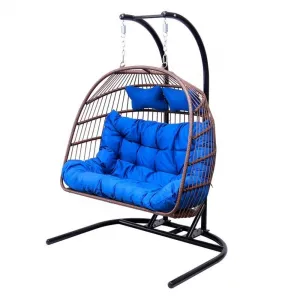2 Person Villa Garden Front Porch Wicker Furniture Outdoor Patio Double Metal Rattan Hanging Swing Chair with Stand for Backyard