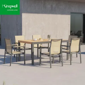 6 Seater Outdoor Furniture Tables and Chairs Aluminum Patio Garden Resort Lounge Dining Set with Teak Wood for Decorate