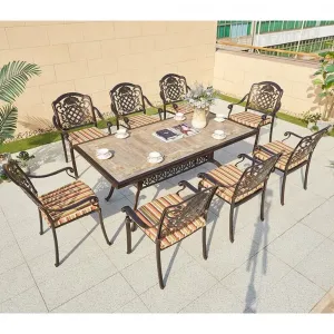 Vintage French Style Patio Dining Room Set Furniture Outdoor Garden Casting Aluminum Rectangular Table Chairs Sitting Set of 8