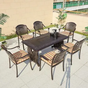 Waterproof Classical Garden Long Patio Set Outdoor Furniture Cast Aluminum Tea Dining Table Chairs with Cushion for 6 Person