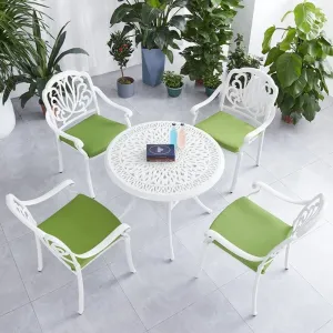 White Garden Dining Room Table 4 ArmChairs Balcony Patio Furniture Outdoor Cast Aluminum Restaurant Set with Umbrella Hole