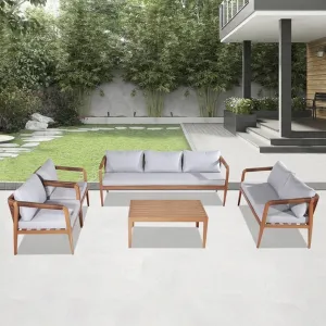 Wooden Look Waterproof Modern Patio Wicker Aluminum Couch Loveseat Furniture Outdoor Garden Cafe Red 4 Piece Rattan Sofa Set