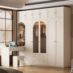 Custom Luxury 4-Door White Villa Wardrobe Closet Bedroom Furniture Wooden French Modern Design with 5 Drawers Space Saving