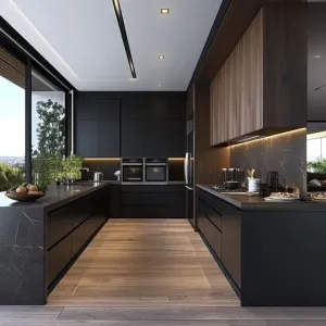 Custom Modern Multi-Functional Kitchen Cabinet Island Complete Sets Luxury Black Modular Kitchen Cabinets Design Easy Clean Easy