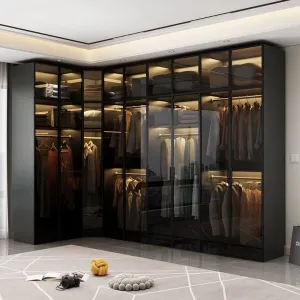 Custom Modern Tempered Glass Door Wardrobe Luxury Bedroom Furniture Aluminum Profile Walk-in Closet Wardrobe With Led Light