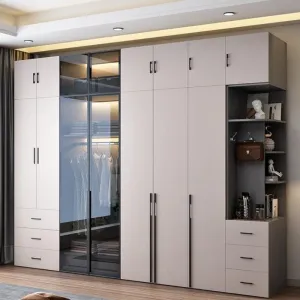 Custom Modern Wooden Wardrobe Closet Bedroom Furniture Luxury Modular White Glass 6 Door Villa Aluminum Alloy Drawers
