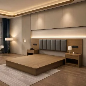 Custom 5 Star Complete Hotel Bedroom Set Wooden king Hotel Bed Resort Boutique Hotels Guest Room Furniture for Commercial Use