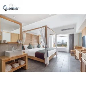Factory Direct Modern Solid Wood Hotel Bedroom Furniture Set Four Poster Canopy Bed Custom Villa Apartment Renovation Project