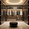 Modern Custom Solid Wood Aluminum Alloy Open Wardrobe Bedroom Furniture Villa Luxury Solid Wood Door Walk-in Closet LED Light