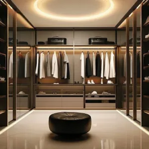 Modern Custom Solid Wood Aluminum Alloy Open Wardrobe Bedroom Furniture Villa Luxury Solid Wood Door Walk-in Closet LED Light