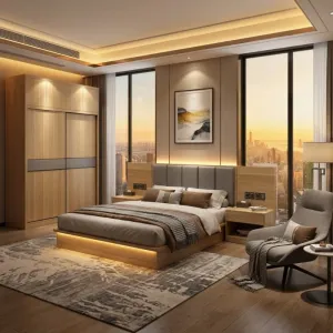 2026 Modern Hotel Bedroom Furniture Set Luxury Plywood Grey Upholstered Guest Room Suite 4-5 Star Hospitality Projects Apartment