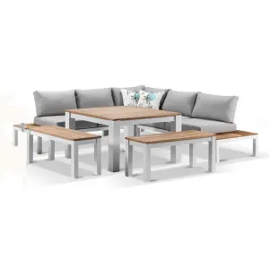 All-In-One Outdoor White Aluminium Frame Teak Table Tops Removable Washable Cushions Weatherproof Courtyard Furniture