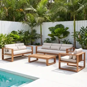 All-Weather 321 Seater Teak Aluminium No Assembly Required Removable Outdoor Cushions Outdoor Lounge Set