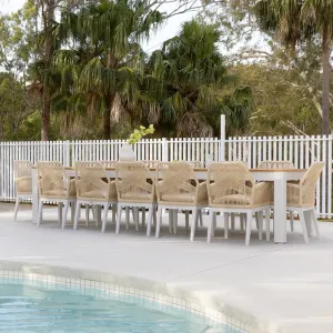 Aluminium Outdoor Furniture Set Garden Table With Round Ceramic Glass Tabletop and Chairs Patio 6 Seat Fabric Dining Set