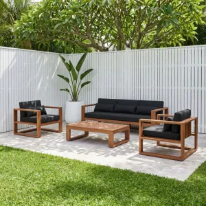 Luxury Teak Wood Grain Aluminium Outdoor Lounge Furniture Set Coffee Table Patio Sofa for Villa Poolside