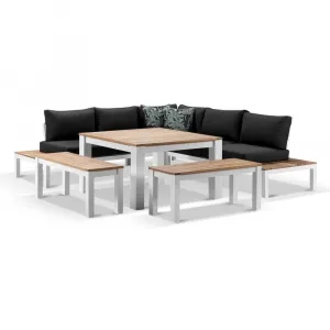 Outdoor Round Dining Suite Oak Grain Powder Coated Aluminium 6-Seater Stain Resistant Cushions Dining Chairs Tables