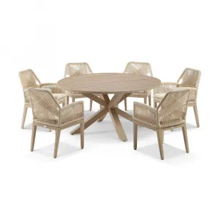 Outdoor 15m Round Dining Table Set with 6 Hugo Chairs Light Oak Timber Look Aluminium Poly Rope Frame