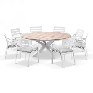 9-Piece Outdoor Round Dining Suite Slatted Tabletop Aluminum Chairs Soft Seat Dining Furniture for Bistro Resort Holiday Home