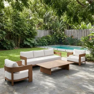 Pool Alfresco All-Aussie Weather Curved Outdoor 311 Seating Suite Timber Effect Aluminium Patio Dining Table Chair Set