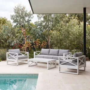 Poolside Coastal Style Outdoor Lounge Set 3 Seater Sofa 2 Armchairs Cushion Set with Coffee Table