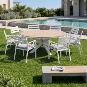 Weather-Resistant Round Patio Dining Table Chair Set Aluminum Frame Comfort Outdoor Eating Furniture for Courtyard Poolside
