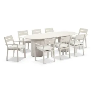240cm Aria Outdoor 8-Seater Dining Suite Fluted Aluminium Pedestal Ceramic Tabletop Olefin Cushions for Alfresco Patio Backyard