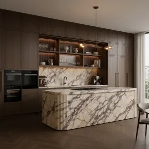 Antique Wood Veneer Kitchen Cabinets with Marble Island Custom Luxury Kitchen Cabinetry for Villa Projects