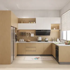 Apartment Project Modern Minimalistic Style Small Complete Custom Home Furniture L Shaped MDF Plywood Kitchen Cabinet Faucet