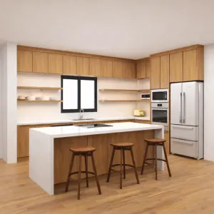 Apartment Project Modern Modular Plywood Kitchen Cabinet with Glass Doors and Sintered Stone Countertops Durable Kitchen Island