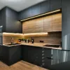 Apartment Project Plywood Melamine Board Modular Kitchen Cabinet Design Modern Gray PET Top Base Display Cabinet Set