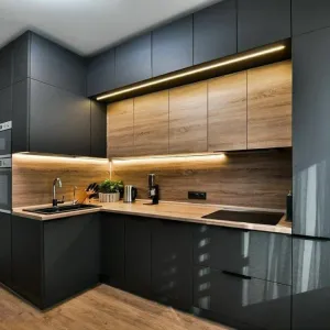 Apartment Project Plywood Melamine Board Modular Kitchen Cabinet Design Modern Gray PET Top Base Display Cabinet Set