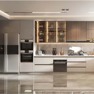 Automatic Modern Full Kitchen Cabinet Set Custom Modular Plywood Melamine Board Fireproof Home Furniture for Apartment Project