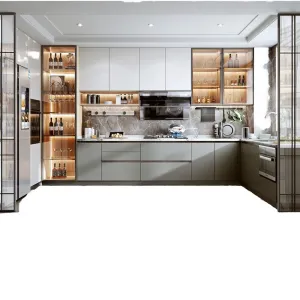 Bulk Apartment Whole House Project Particleboard MDF Matt High Gloss PET Melamine Finished Kitchen Cabinet