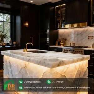 Complete Custom Luxury Lacquer Kitchen Cabinet Solution for Villas with Hardware and Natural Stone Island