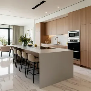 Contemporary Modern Laminate Fireproof Eco-Friendly Kitchen Island Cabinets 3-Year Warranty Automatic System Drawer Slide