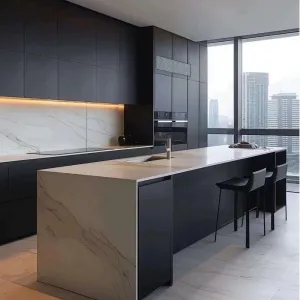 Custom Apartment Project Modern Designs Prefabricated Plywood Black Kitchen Backsplash Islands Full Kitchen Cabinet Set