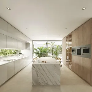 Custom Lacquer Finish Kitchen Cabinet with Marble Countertop and Faucet for High-End Residential and Commercial Renovations