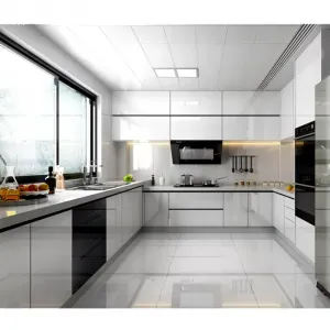 Custom Luxury High-gloss Lacquer Double Sink Island Full Kitchen Cabinet with Modern Design for Apartment and Villa Developer