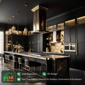 Custom Luxury Matte Black Finish Lacuqer Shaker Kitchen Cabinets with Gold Handles Marble Island Design for Villa